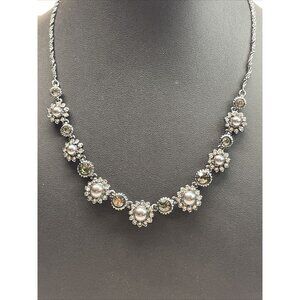 Marchesa Faux Pearl Clear Crystal Gunmetal Tone Rhinestone Flower Necklace‎ A273